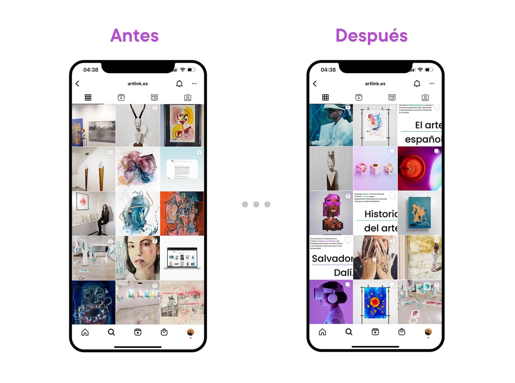 Antes y después del diseño de Feed de Instagram para Artlink